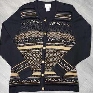 Susan Bristol Vintage 90s Black Gold Beaded Cardigan Sweater L Made in Hong Kong